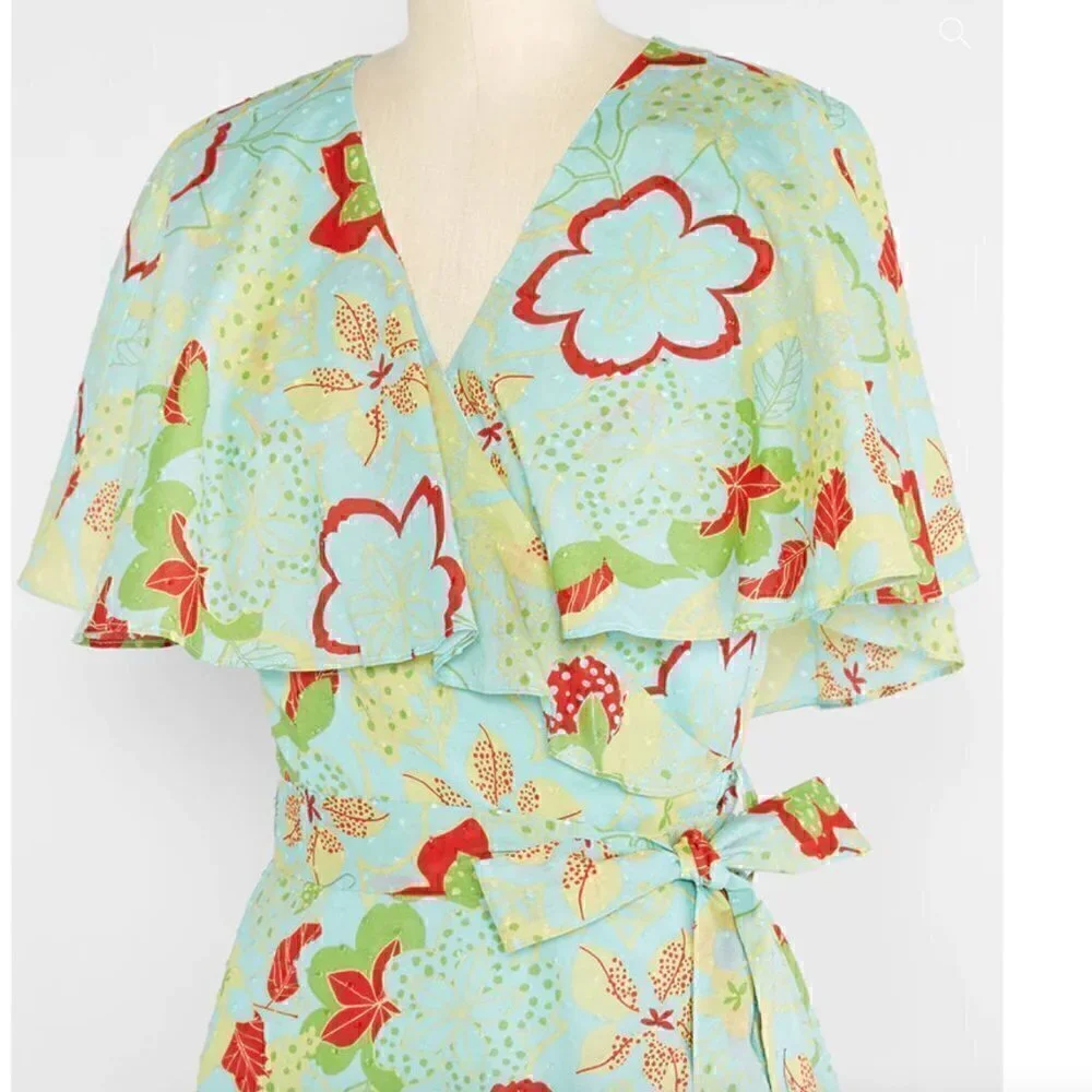 ModCloth Lift Your Wings Wrap Dress Sea Blue Floral - Picture 3 of 12